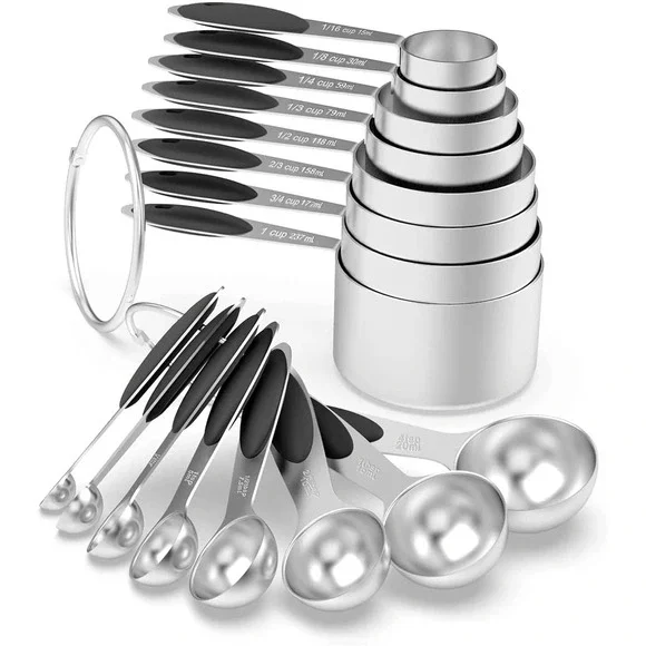 Set of 16 Stainless Steel Measuring Cups & Spoons Plastic Black Handle - Picture 1 of 7